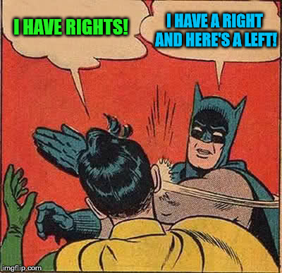 Robin Has Rights! But Batman Has A Left! | I HAVE RIGHTS! I HAVE A RIGHT AND HERE'S A LEFT! | image tagged in memes,batman slapping robin,it came from the comments,is this a clue | made w/ Imgflip meme maker