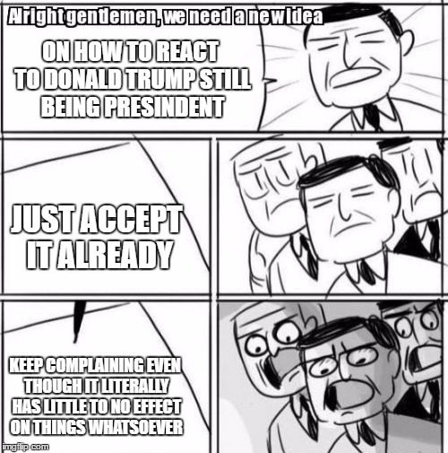 I don't get it | ON HOW TO REACT TO DONALD TRUMP STILL BEING PRESINDENT; JUST ACCEPT IT ALREADY; KEEP COMPLAINING EVEN THOUGH IT LITERALLY HAS LITTLE TO NO EFFECT ON THINGS WHATSOEVER | image tagged in memes,alright gentlemen we need a new idea,political | made w/ Imgflip meme maker