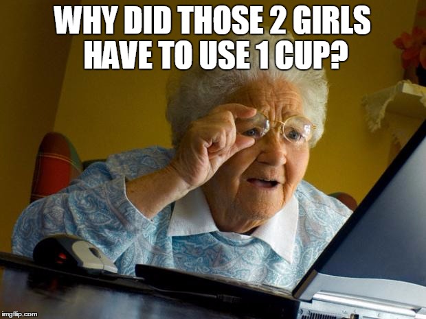 Old lady at computer finds the Internet | WHY DID THOSE 2 GIRLS HAVE TO USE 1 CUP? | image tagged in old lady at computer finds the internet | made w/ Imgflip meme maker
