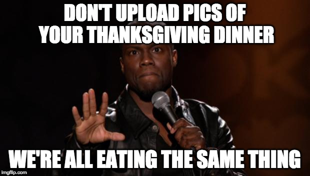 Put the phone away. | DON'T UPLOAD PICS OF YOUR THANKSGIVING DINNER; WE'RE ALL EATING THE SAME THING | image tagged in stop kevin hart,thanksgiving,turkey,instagram,bacon | made w/ Imgflip meme maker