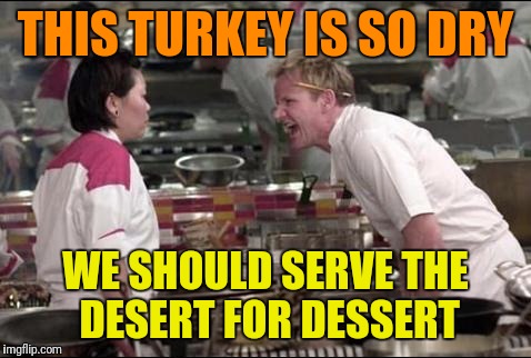 Terrible Thanksgiving Meme #501 | THIS TURKEY IS SO DRY; WE SHOULD SERVE THE DESERT FOR DESSERT | image tagged in memes,angry chef gordon ramsay,dry,bird,dessert,thanksgiving | made w/ Imgflip meme maker