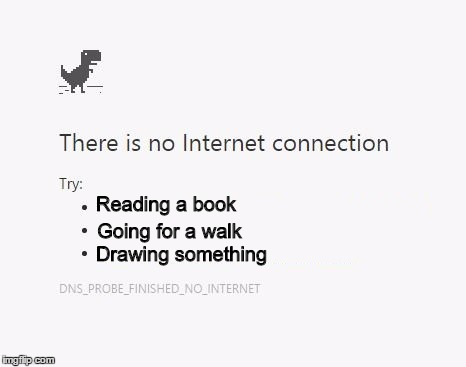 No Internet | Reading a book; Going for a walk; Drawing something | image tagged in no internet | made w/ Imgflip meme maker