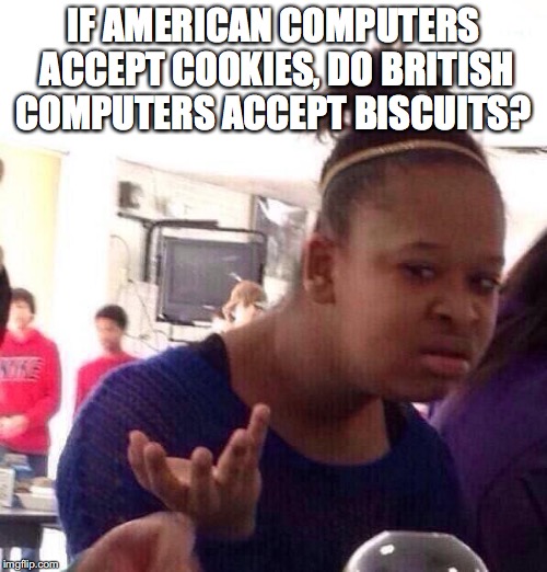 Black Girl Wat | IF AMERICAN COMPUTERS ACCEPT COOKIES, DO BRITISH COMPUTERS ACCEPT BISCUITS? | image tagged in memes,black girl wat,computers,cookies | made w/ Imgflip meme maker