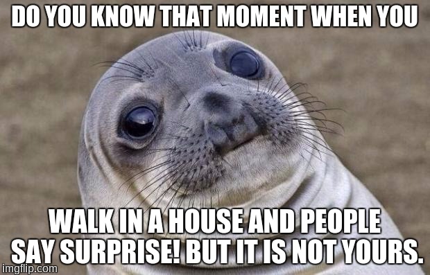 Awkward Moment Sealion | DO YOU KNOW THAT MOMENT WHEN YOU; WALK IN A HOUSE AND PEOPLE SAY SURPRISE! BUT IT IS NOT YOURS. | image tagged in memes,awkward moment sealion | made w/ Imgflip meme maker