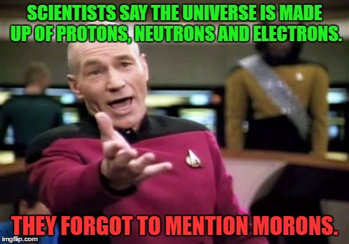 What universe is made up of? | SCIENTISTS SAY THE UNIVERSE IS MADE UP OF PROTONS, NEUTRONS AND ELECTRONS. THEY FORGOT TO MENTION MORONS. | image tagged in memes,picard wtf,funny,universe,morons,scientists | made w/ Imgflip meme maker