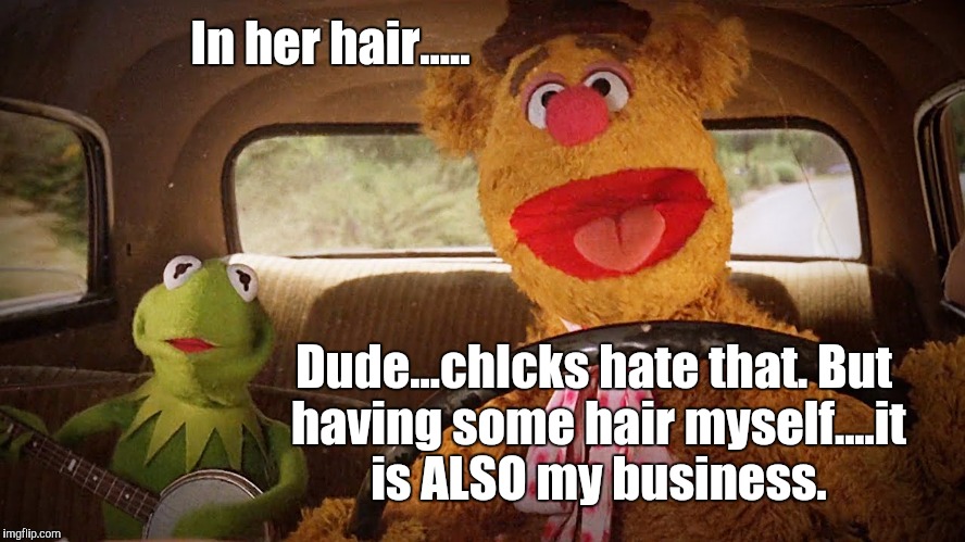 Fozzy DRIVE BY. | In her hair..... Dude...chIcks hate that.
But having some hair myself....it is ALSO my business. | image tagged in fozzy telling kermit,i see what you did there,oprah u did not just,i know what you did last summer,responsible | made w/ Imgflip meme maker