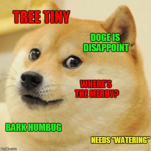 Doge Thinks The Tree Is Too Small | TREE TINY; DOGE IS DISAPPOINT; WHERE'S THE MERRY? BARK HUMBUG; NEEDS "WATERING" | image tagged in memes,doge,tiny tree,bah humbug,doge is disappoint | made w/ Imgflip meme maker