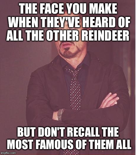 Face You Make Robert Downey Jr | THE FACE YOU MAKE WHEN THEY'VE HEARD OF ALL THE OTHER REINDEER; BUT DON'T RECALL THE MOST FAMOUS OF THEM ALL | image tagged in memes,face you make robert downey jr,song lyrics,rudolph | made w/ Imgflip meme maker