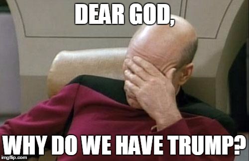 Captain Picard Facepalm Meme | DEAR GOD, WHY DO WE HAVE TRUMP? | image tagged in memes,captain picard facepalm | made w/ Imgflip meme maker