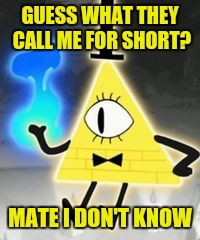 Bill Cipher | GUESS WHAT THEY CALL ME FOR SHORT? MATE I DON'T KNOW | image tagged in bill cipher | made w/ Imgflip meme maker