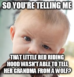 Skeptical Baby | SO YOU'RE TELLING ME; THAT LITTLE RED RIDING HOOD WASN'T ABLE TO TELL HER GRANDMA FROM A WOLF? | image tagged in memes,skeptical baby | made w/ Imgflip meme maker