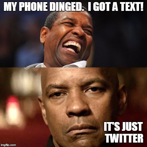 Denzel Happy Sad | MY PHONE DINGED.  I GOT A TEXT! IT'S JUST TWITTER | image tagged in denzel happy sad | made w/ Imgflip meme maker