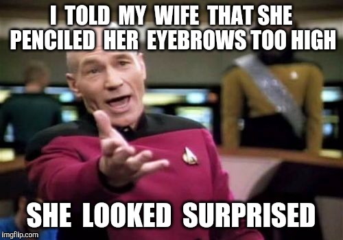 Picard Wtf | I  TOLD  MY  WIFE  THAT SHE PENCILED  HER  EYEBROWS TOO HIGH; SHE  LOOKED  SURPRISED | image tagged in memes,picard wtf,makeup,wife,surprised | made w/ Imgflip meme maker