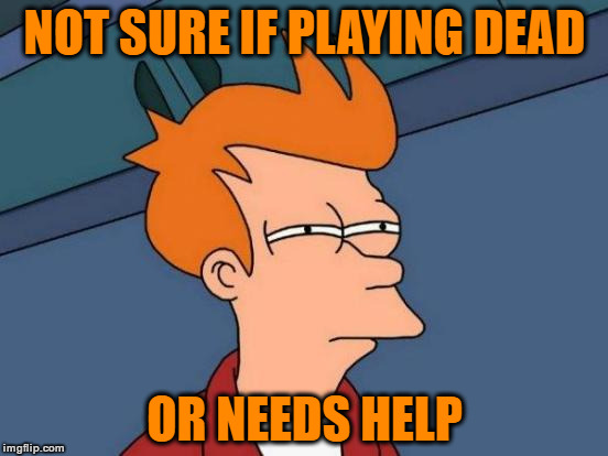Not Sure If Playing Dead... | NOT SURE IF PLAYING DEAD; OR NEEDS HELP | image tagged in memes,futurama fry,playing dead,do you need help,call 911 | made w/ Imgflip meme maker