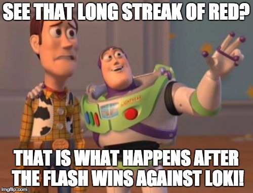 SEE THAT LONG STREAK OF RED? THAT IS WHAT HAPPENS AFTER THE FLASH WINS AGAINST LOKI! | image tagged in memes,x x everywhere | made w/ Imgflip meme maker