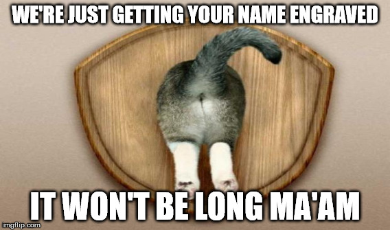 WE'RE JUST GETTING YOUR NAME ENGRAVED IT WON'T BE LONG MA'AM | made w/ Imgflip meme maker