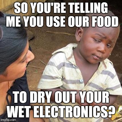 To be fair it works a treat  | SO YOU'RE TELLING ME YOU USE OUR FOOD; TO DRY OUT YOUR WET ELECTRONICS? | image tagged in memes,third world skeptical kid,perspective,rice | made w/ Imgflip meme maker
