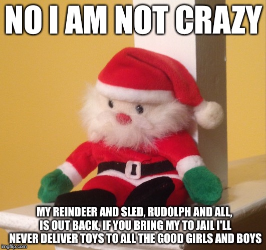 NO I AM NOT CRAZY; MY REINDEER AND SLED, RUDOLPH AND ALL, IS OUT BACK, IF YOU BRING MY TO JAIL I'LL NEVER DELIVER TOYS TO ALL THE GOOD GIRLS AND BOYS | image tagged in santa claus,memes,funny,christmas | made w/ Imgflip meme maker