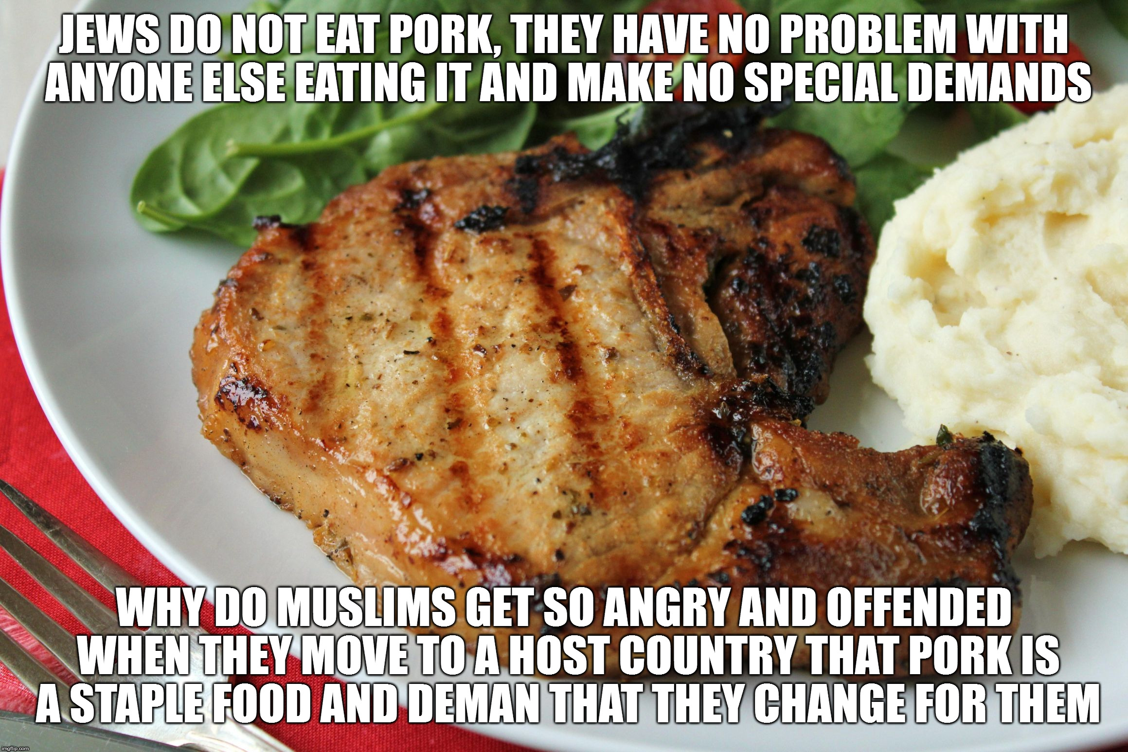 Pork Chop | JEWS DO NOT EAT PORK, THEY HAVE NO PROBLEM WITH ANYONE ELSE EATING IT AND MAKE NO SPECIAL DEMANDS; WHY DO MUSLIMS GET SO ANGRY AND OFFENDED WHEN THEY MOVE TO A HOST COUNTRY THAT PORK IS A STAPLE FOOD AND DEMAN THAT THEY CHANGE FOR THEM | image tagged in pork chop | made w/ Imgflip meme maker