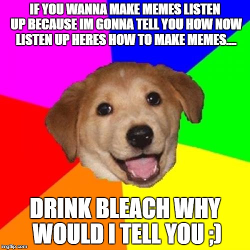 Advice Dog | IF YOU WANNA MAKE MEMES LISTEN UP BECAUSE IM GONNA TELL YOU HOW NOW LISTEN UP HERES HOW TO MAKE MEMES.... DRINK BLEACH WHY WOULD I TELL YOU ;) | image tagged in memes,advice dog | made w/ Imgflip meme maker