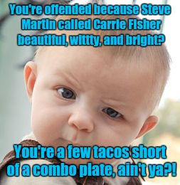 Skeptical Baby | You're offended because Steve Martin called Carrie Fisher beautiful, wittty, and bright? You're a few tacos short of a combo plate, ain't ya?! | image tagged in memes,skeptical baby | made w/ Imgflip meme maker