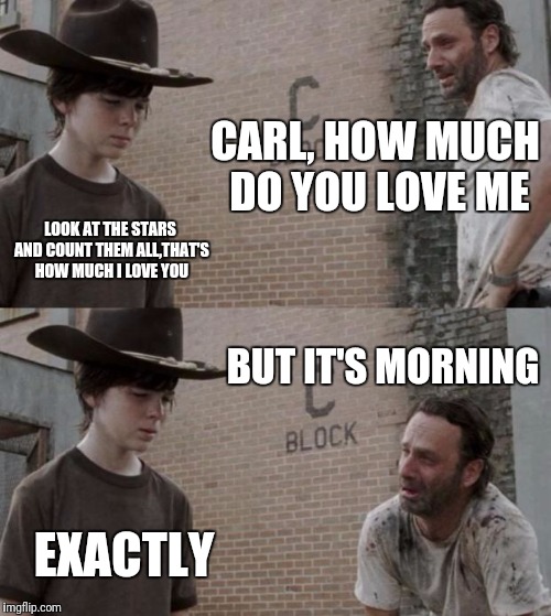 Rick and Carl | CARL, HOW MUCH DO YOU LOVE ME; LOOK AT THE STARS AND COUNT THEM ALL,THAT'S HOW MUCH I LOVE YOU; BUT IT'S MORNING; EXACTLY | image tagged in memes,rick and carl | made w/ Imgflip meme maker