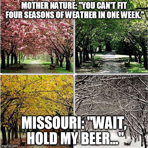 MOTHER NATURE: "YOU CAN'T FIT FOUR SEASONS OF WEATHER IN ONE WEEK."; MISSOURI: "WAIT, HOLD MY BEER..." | image tagged in hold my beer | made w/ Imgflip meme maker