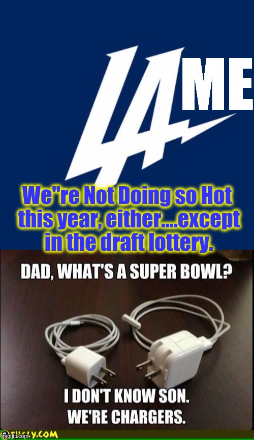 Between the String of losing Efforts, and Alienating roughly half of the fanbase....the Failing Logo is just another PR Disaster | ME; We"re Not Doing so Hot this year, either....except in the draft lottery. | image tagged in los angeles chargers,socal chargers,nfl memes,san diego chargers,bad luck brian williams was there | made w/ Imgflip meme maker