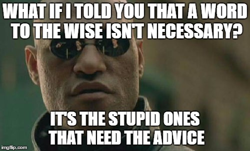 Matrix Morpheus | WHAT IF I TOLD YOU THAT A WORD TO THE WISE ISN'T NECESSARY? IT'S THE STUPID ONES THAT NEED THE ADVICE | image tagged in memes,matrix morpheus | made w/ Imgflip meme maker