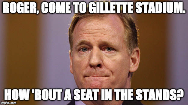 Roger Goodell at Gillette? | ROGER, COME TO GILLETTE STADIUM. HOW 'BOUT A SEAT IN THE STANDS? | image tagged in roger goodell,nfl,patriots,new england,afc championship,chicken | made w/ Imgflip meme maker