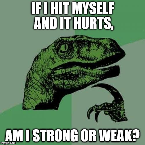 Philosoraptor | IF I HIT MYSELF AND IT HURTS, AM I STRONG OR WEAK? | image tagged in memes,philosoraptor,funny,gifs,cats,animals | made w/ Imgflip meme maker