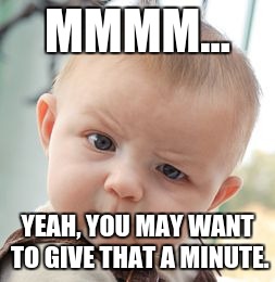 Skeptical Baby Meme | MMMM... YEAH, YOU MAY WANT TO GIVE THAT A MINUTE. | image tagged in memes,skeptical baby | made w/ Imgflip meme maker