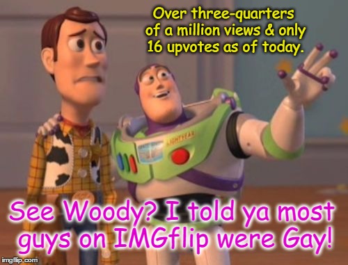 X, X Everywhere Meme | Over three-quarters of a million views & only 16 upvotes as of today. See Woody? I told ya most guys on IMGflip were Gay! | image tagged in memes,x x everywhere | made w/ Imgflip meme maker