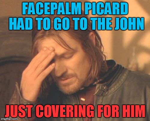 Frustrated Boromir Meme | FACEPALM PICARD HAD TO GO TO THE JOHN; JUST COVERING FOR HIM | image tagged in memes,frustrated boromir | made w/ Imgflip meme maker