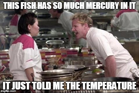 Angry Chef Gordon Ramsay | THIS FISH HAS SO MUCH MERCURY IN IT; IT JUST TOLD ME THE TEMPERATURE | image tagged in memes,angry chef gordon ramsay | made w/ Imgflip meme maker