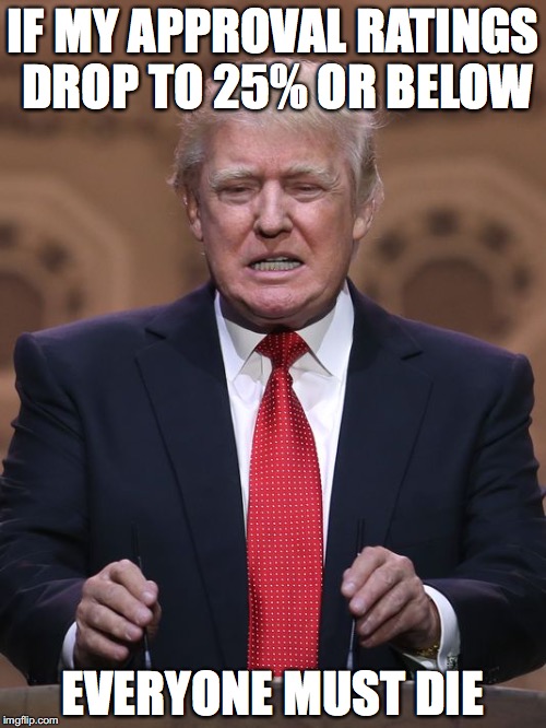 Approval Ratings | IF MY APPROVAL RATINGS DROP TO 25% OR BELOW; EVERYONE MUST DIE | image tagged in donald trump,approval ratings,memes | made w/ Imgflip meme maker