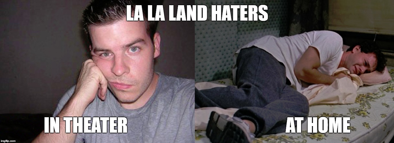 la la land | LA LA LAND HATERS; IN THEATER                                              AT HOME | image tagged in la la land,movie,film,academy awards,funny | made w/ Imgflip meme maker