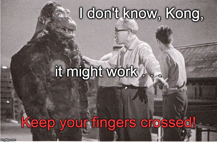 Kong with Director | I don't know, Kong, Keep your fingers crossed! it might work . . . | image tagged in kong with director | made w/ Imgflip meme maker