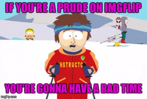 Foul language, pornographic gifs and even bestiality jokes | IF YOU'RE A PRUDE ON IMGFLIP; YOU'RE GONNA HAVE A BAD TIME | image tagged in memes,super cool ski instructor | made w/ Imgflip meme maker