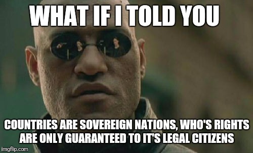 WHAT IF I TOLD YOU COUNTRIES ARE SOVEREIGN NATIONS, WHO'S RIGHTS ARE ONLY GUARANTEED TO IT'S LEGAL CITIZENS | image tagged in memes,matrix morpheus | made w/ Imgflip meme maker