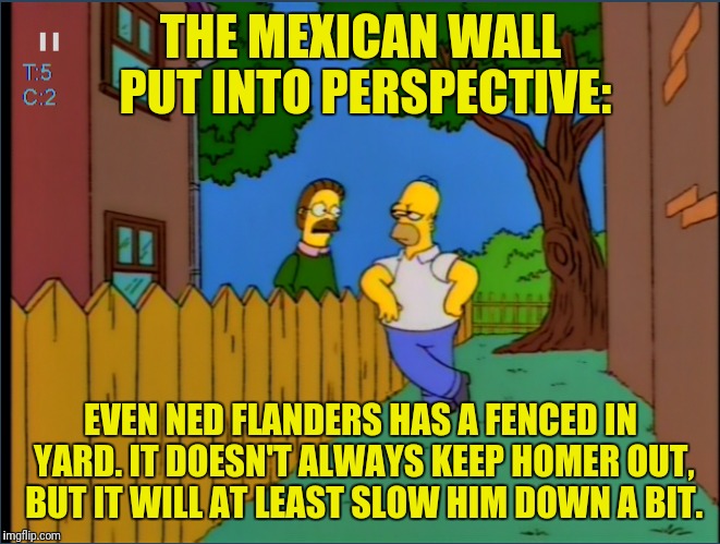 Hopefully Marge Can Stop Homer From Digging Under It | THE MEXICAN WALL PUT INTO PERSPECTIVE:; EVEN NED FLANDERS HAS A FENCED IN YARD. IT DOESN'T ALWAYS KEEP HOMER OUT, BUT IT WILL AT LEAST SLOW HIM DOWN A BIT. | image tagged in the simpsons,homer simpson,ned flanders,mexican wall,secure the border,fence aka border wall | made w/ Imgflip meme maker