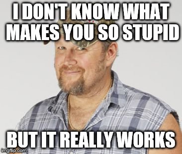 Larry The Cable Guy Meme | I DON'T KNOW WHAT MAKES YOU SO STUPID; BUT IT REALLY WORKS | image tagged in memes,larry the cable guy | made w/ Imgflip meme maker