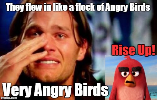 Atlanta Falcons vs New England Patriots Super Bowl LI | They flew in like a flock of Angry Birds; Rise Up! Very Angry Birds | image tagged in tom brady crying,atlanta falcons,angry birds,super bowl | made w/ Imgflip meme maker