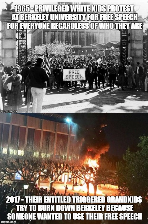 TRIGGERED! COMPLETELY TRIGGERED! | 1965 - PRIVILEGED WHITE KIDS PROTEST AT BERKELEY UNIVERSITY FOR FREE SPEECH FOR EVERYONE REGARDLESS OF WHO THEY ARE; 2017 - THEIR ENTITLED TRIGGERED GRANDKIDS TRY TO BURN DOWN BERKELEY BECAUSE SOMEONE WANTED TO USE THEIR FREE SPEECH | image tagged in berkeley,funny,memes,politics,milo yiannopoulos,funny memes | made w/ Imgflip meme maker