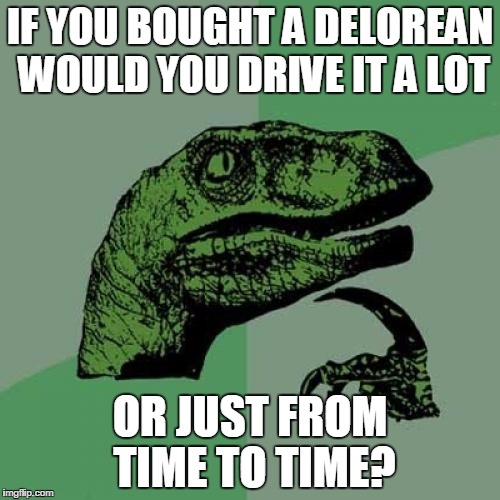 Philosoraptor | IF YOU BOUGHT A DELOREAN WOULD YOU DRIVE IT A LOT; OR JUST FROM TIME TO TIME? | image tagged in memes,philosoraptor | made w/ Imgflip meme maker