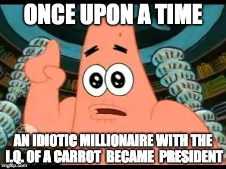 Patrick Says | ONCE UPON A TIME; AN IDIOTIC MILLIONAIRE WITH THE I.Q. OF A CARROT  BECAME  PRESIDENT | image tagged in memes,patrick says | made w/ Imgflip meme maker