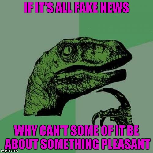 Seriously folks, is there not one story out there that's pleasant? | IF IT'S ALL FAKE NEWS; WHY CAN'T SOME OF IT BE ABOUT SOMETHING PLEASANT | image tagged in memes,philosoraptor,funny,fake news,pleasant | made w/ Imgflip meme maker