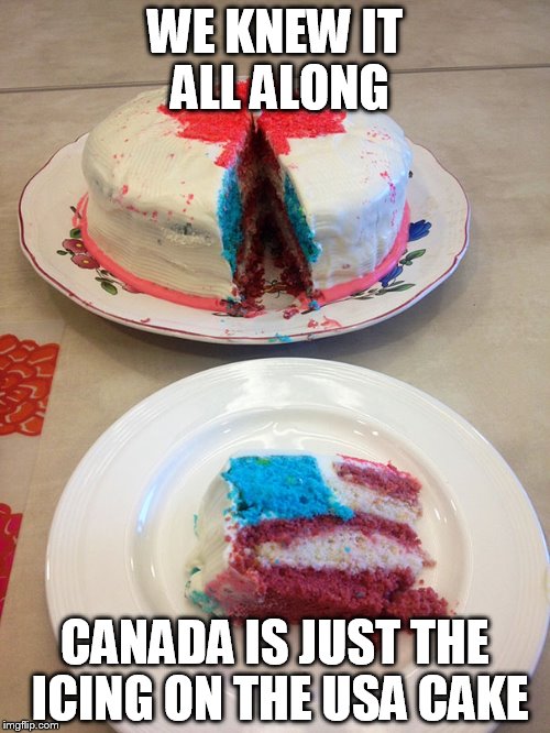 Epic bakery fail, or sly political commentary? | WE KNEW IT ALL ALONG; CANADA IS JUST THE ICING ON THE USA CAKE | image tagged in canadian cake,usa,american flag | made w/ Imgflip meme maker