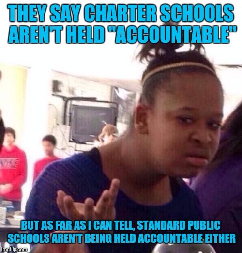 With charter schools producing better results, the argument against school choice makes no sense | THEY SAY CHARTER SCHOOLS AREN'T HELD "ACCOUNTABLE"; BUT AS FAR AS I CAN TELL, STANDARD PUBLIC SCHOOLS AREN'T BEING HELD ACCOUNTABLE EITHER | image tagged in memes,black girl wat | made w/ Imgflip meme maker
