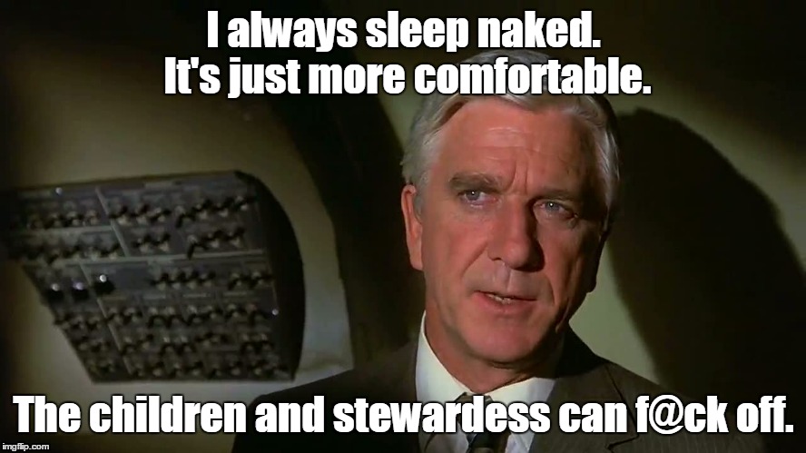 Airplane! | I always sleep naked. It's just more comfortable. The children and stewardess can f@ck off. | image tagged in airplane | made w/ Imgflip meme maker